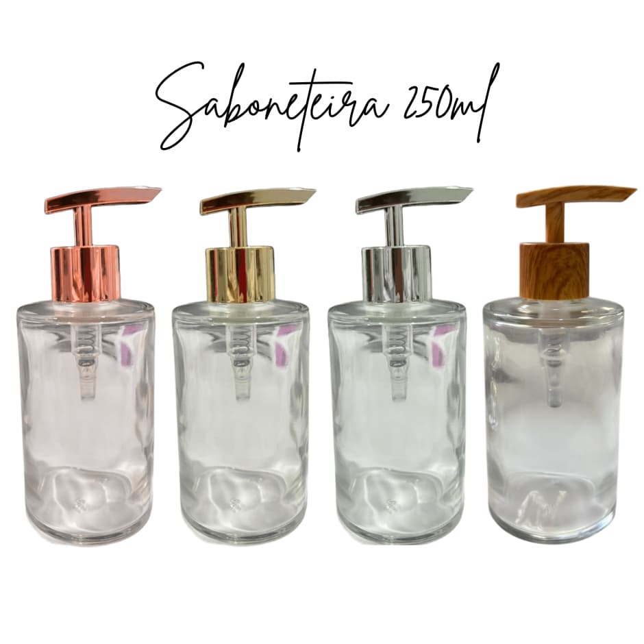 Saboneteira Sabonete Líquido Luxo 250ml de Vidro - Rose - Madeira - Dourado - Metal - Branco