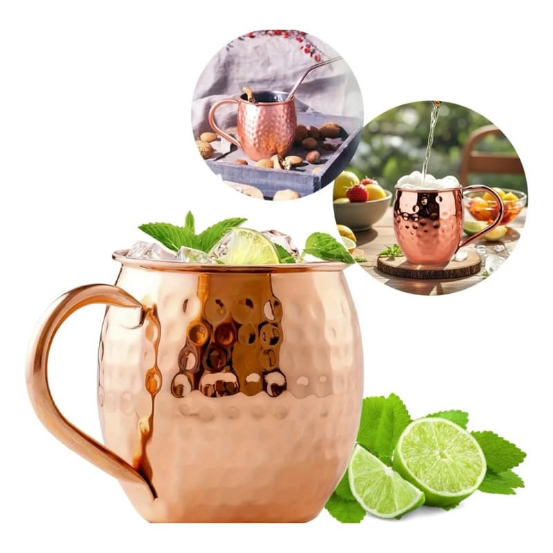 Canecas Moscow Mule 580ml Rose Gold Marteladas em Alumínio – Modelo Barril com Alça