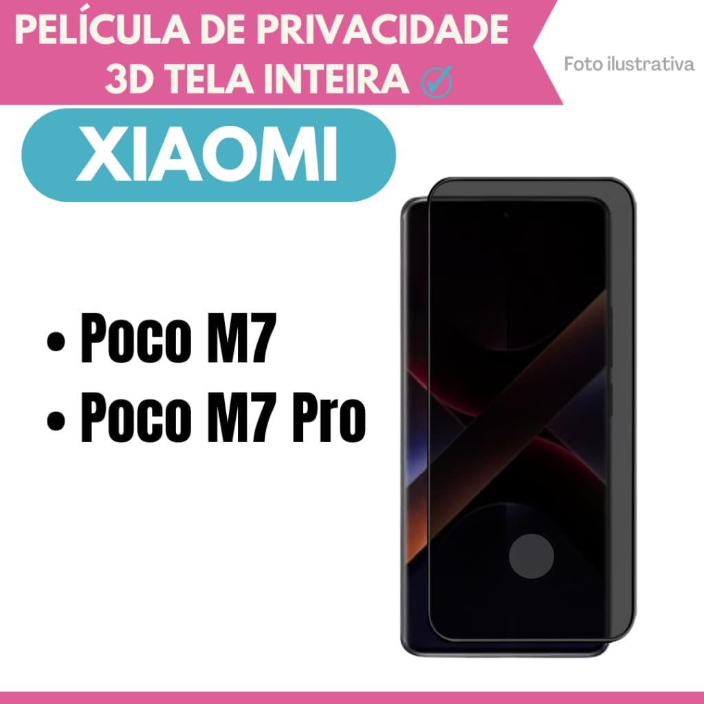 Película de Vidro 3D Privacidade Para Xiaomi Poco M7 4G / M7 5G / Poco M7 Pro 5G / Protetor de Tela.