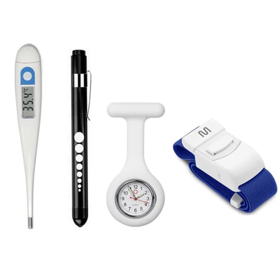 Kit Termômetro + Relógio Lapela + Lanterna Clínica + Garrote | Enfermagem Saúde Atendimento Estagio