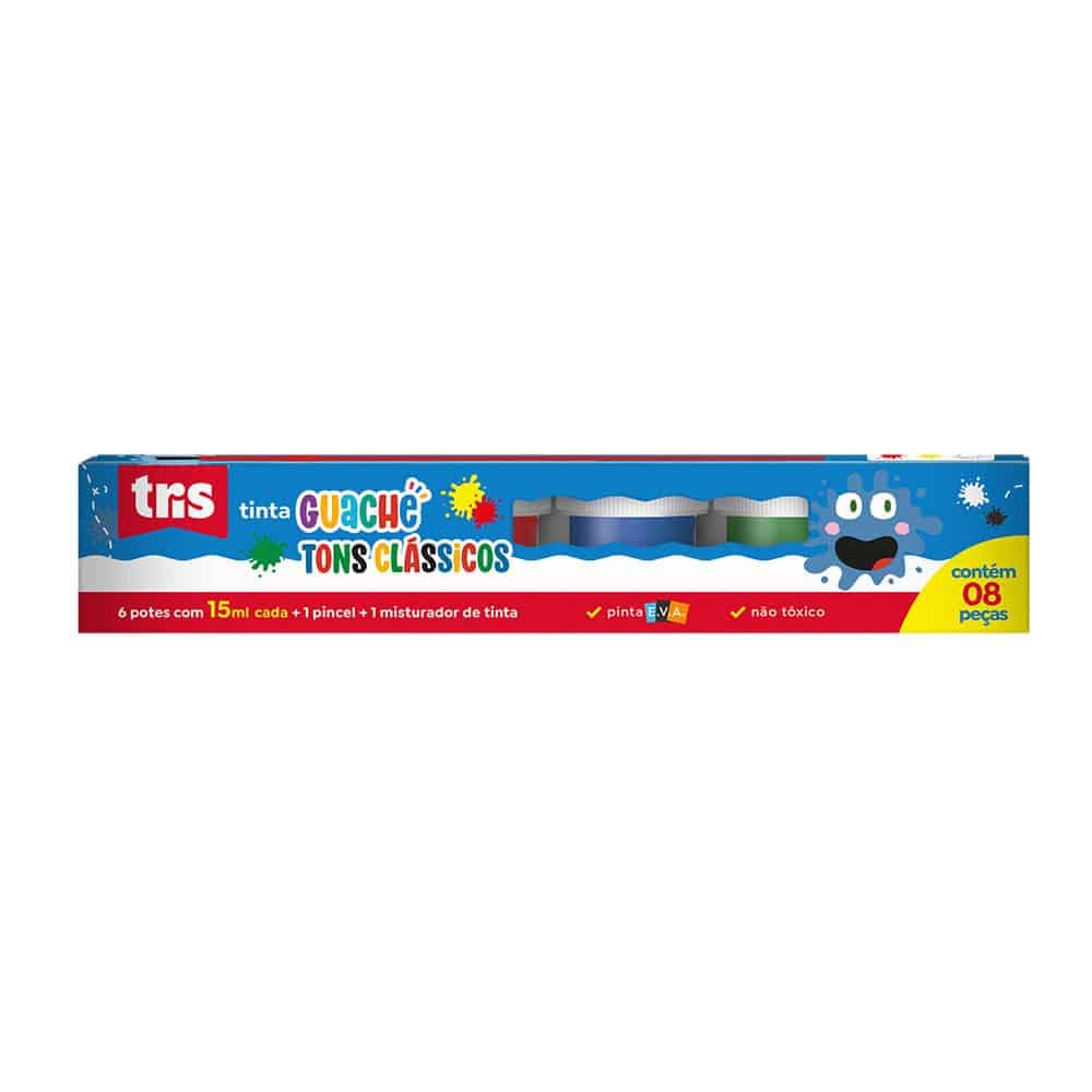 Tinta Guache Tris Tons Clássicos – Kit 6 Cores 15ml + Pincel e Misturador • Não Tóxica Escolar