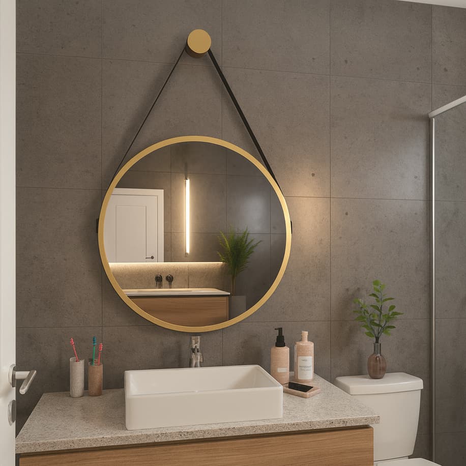 Espelho Redondo Adnet Decorativo Suspenso com Alça 60cm + Suporte Dourado com Alça Preta