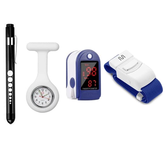 Kit Oxímetro Dedo + Relógio Lapela + Lanterna Clínica + Garrote | Enfermagem Saúde Avaliação Estagio