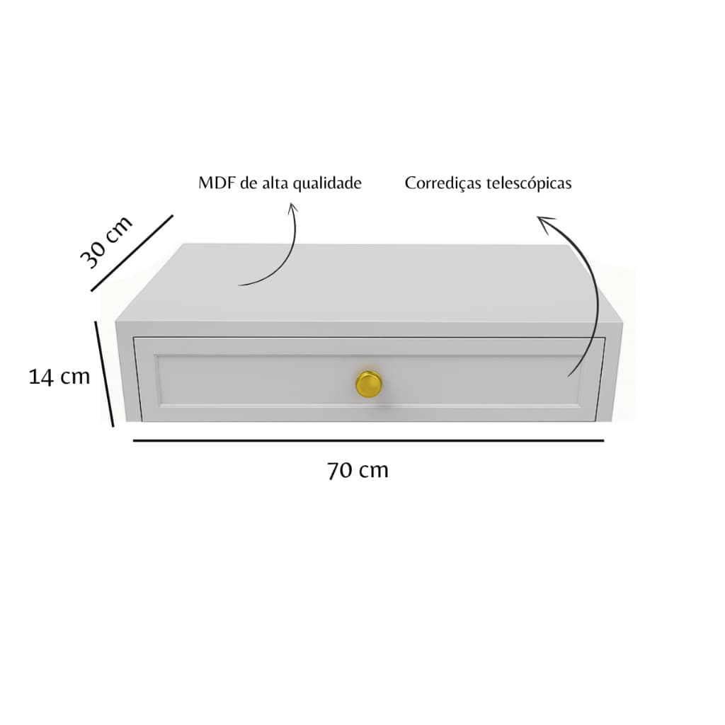 Penteadeira Suspensa Cinza Cristal TX MDF Premium 50,60,70,80cm e 1m com Gaveta e Divisórias