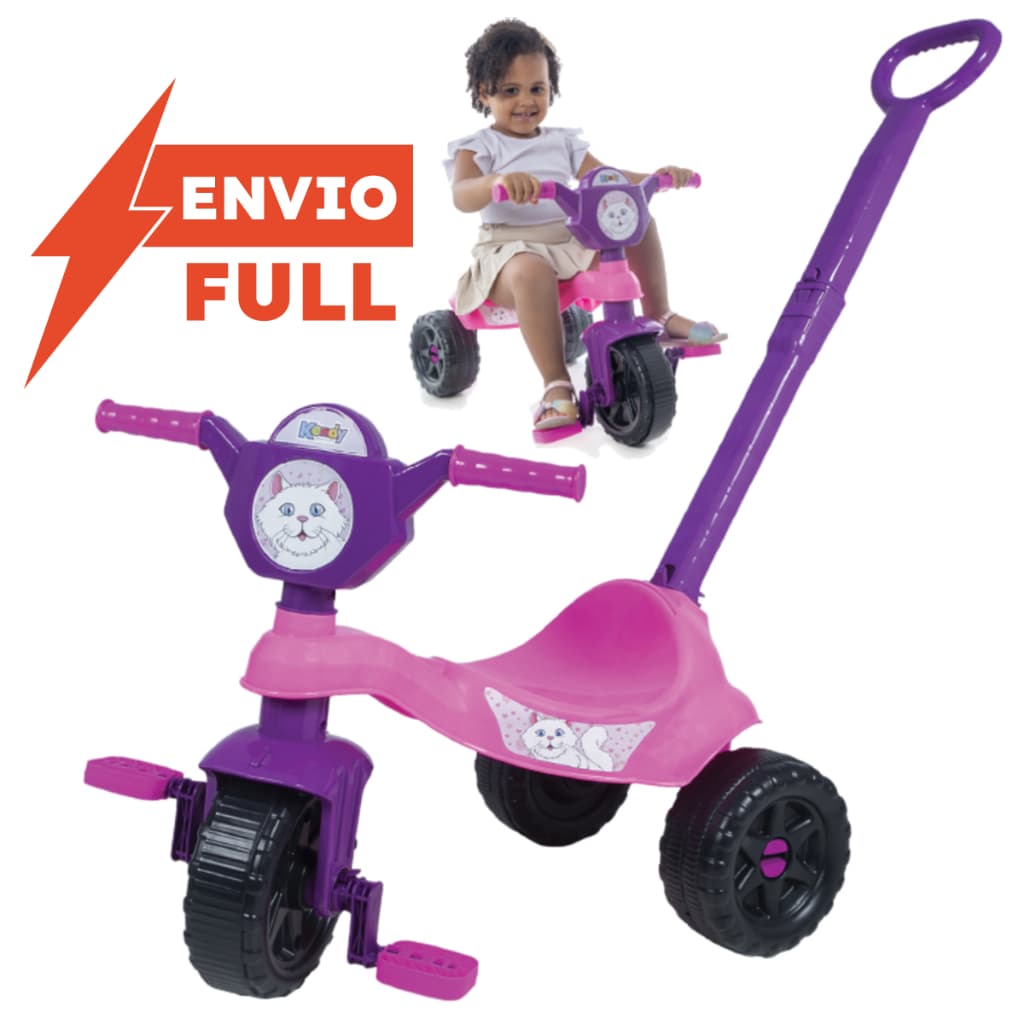 Triciclo Motoca Velotrol Menina Gatinha, Haste de Empurrar, Pedal e Painel Certificado Inmetro Produto Kendy Brinquedos