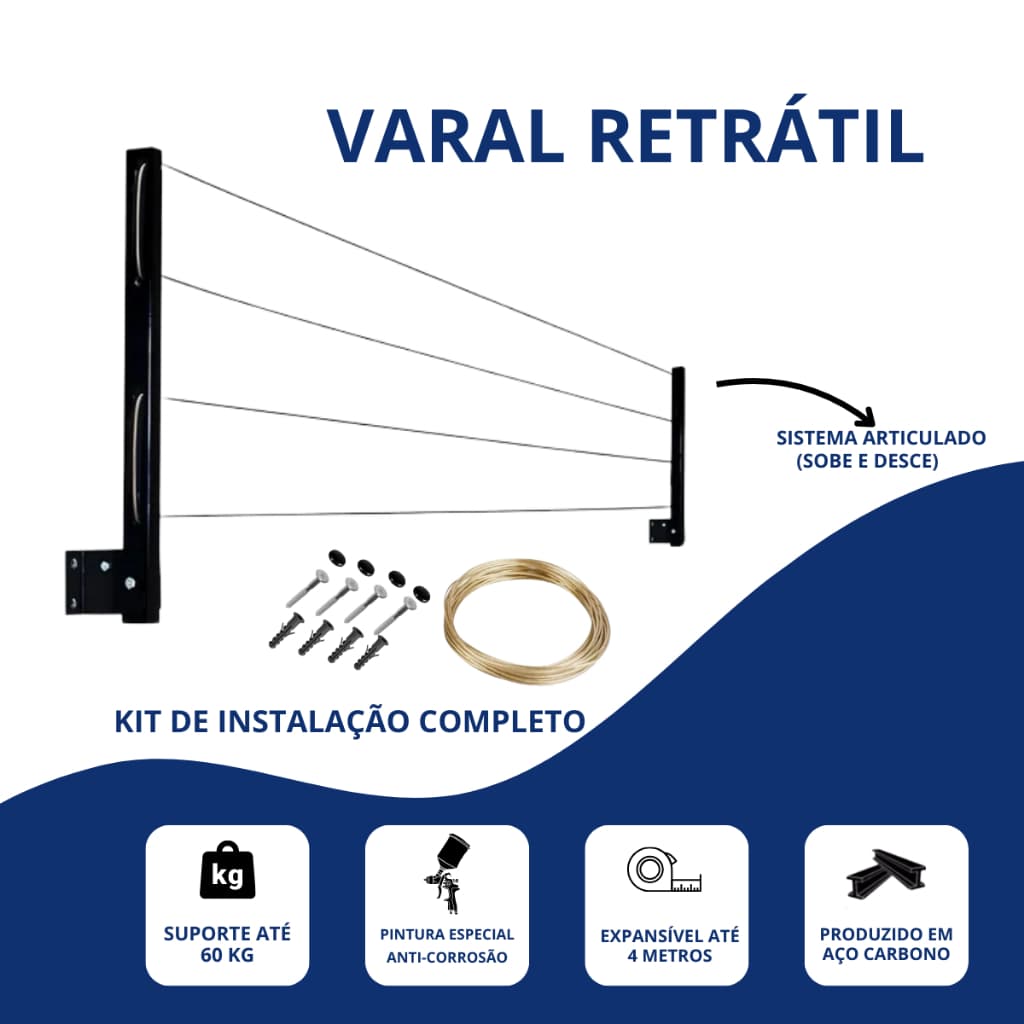 Varal De Parede Reforçado 60 Kg Articulado Dobrável Retrátil - Bitenfer Varais