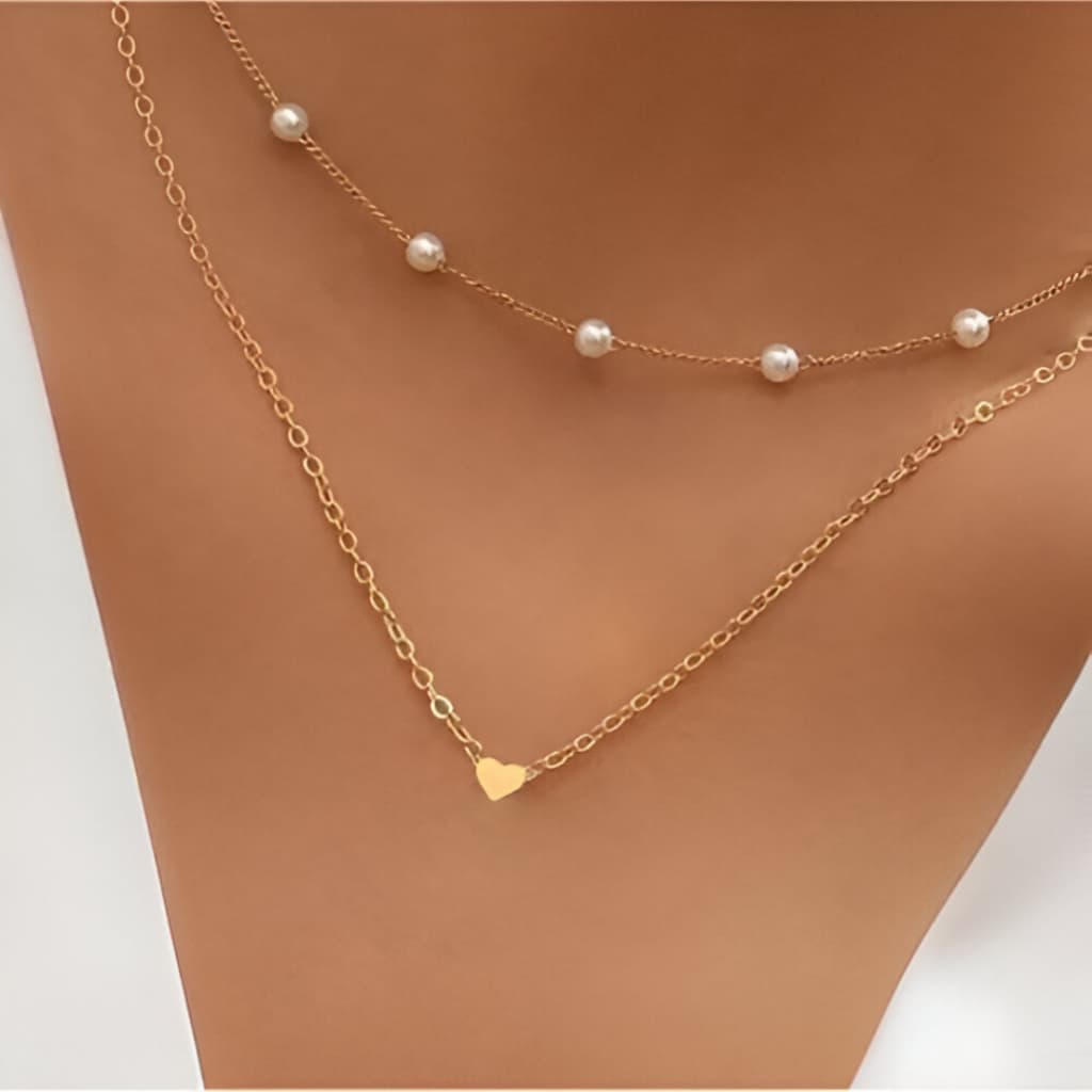 Colar Choker Elegante Com Coração De Pérola Em Camadas Duplas - Acessório De Joalheria Fashion Novo