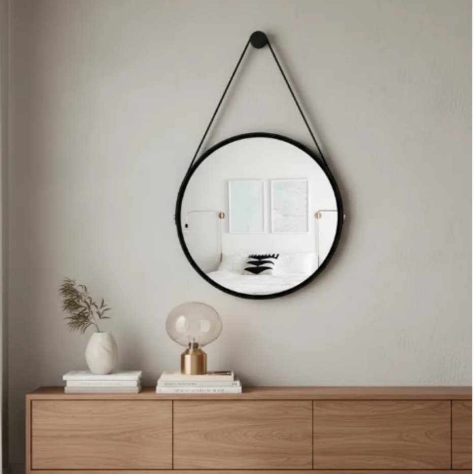 Espelho Redondo Adnet Decorativo Suspenso com Alça 60cm + Suporte Preto com Alça Preta