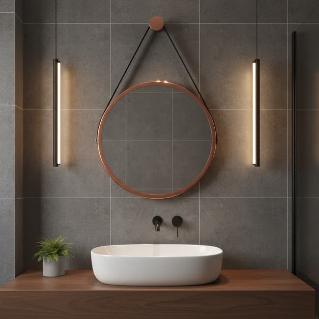 Espelho Redondo Decorativo Adnet Suspenso com Alça 40cm + Suporte Cobre com Alça Preta