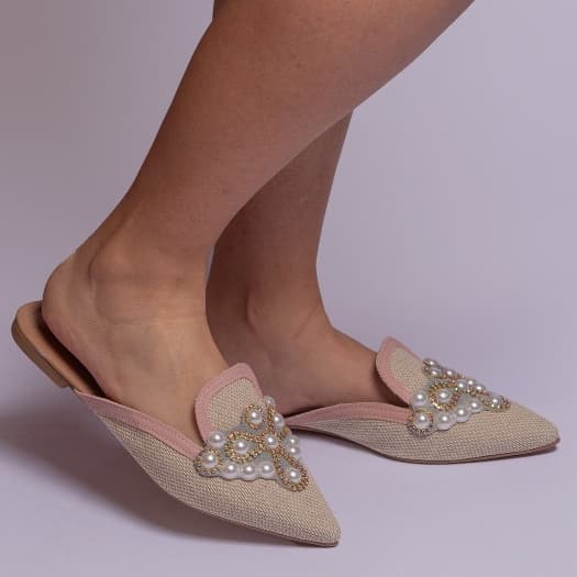 Mule Feminino Rasteira Pedraria Strass Bico Fino Moderno Confortável Moderno Verão Hope Shoes