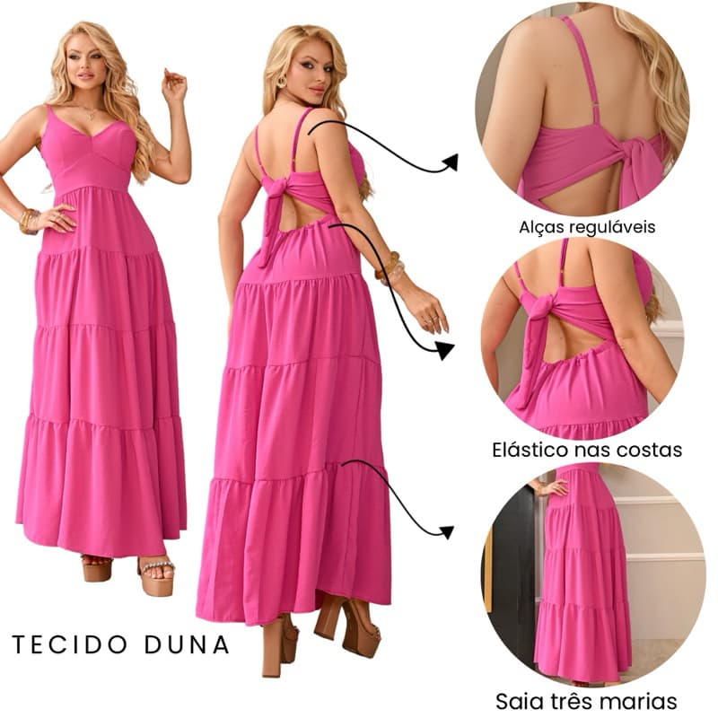 Vestido Longo Feminino Tecido Duna Amarração Nas Costas Tecido Fresco Solto Estiloso
