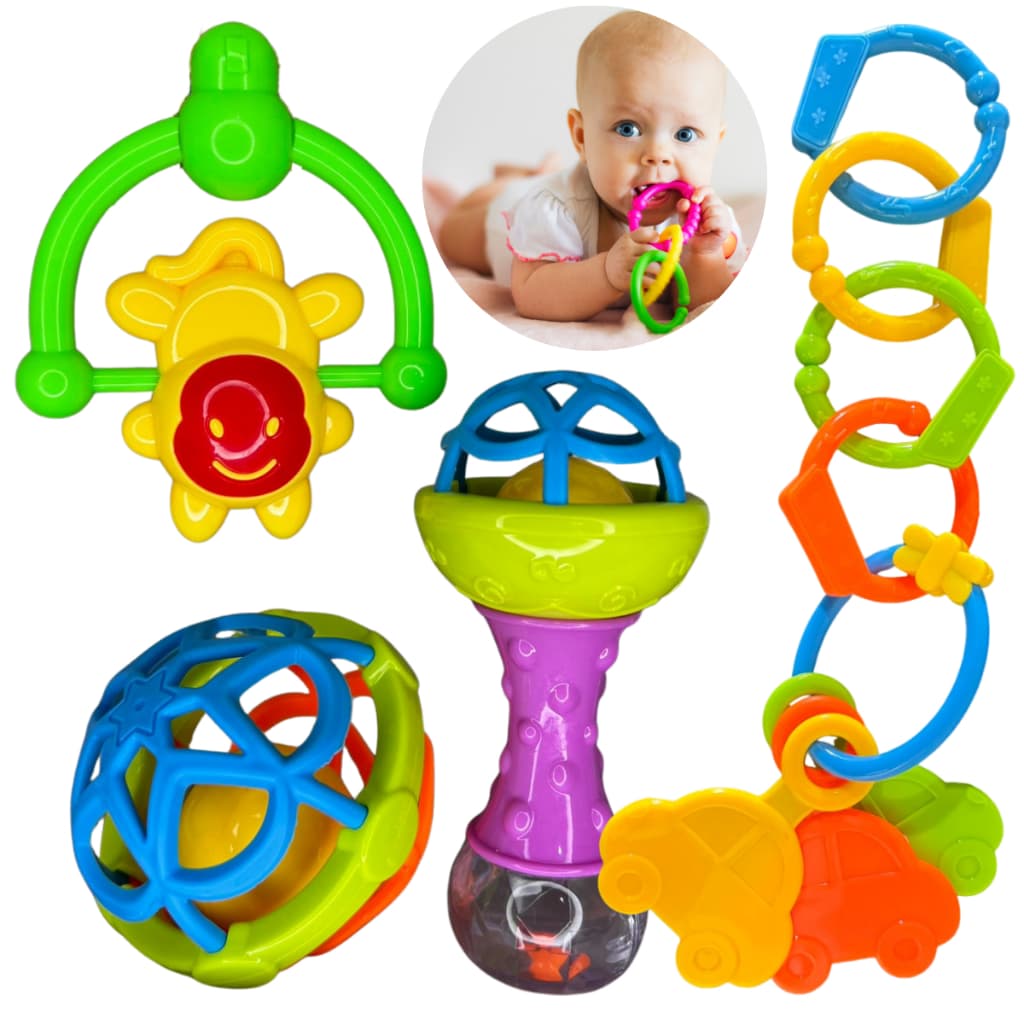 Kit 8 Brinquedos Chocalho Mordedores Infantis Coloridos Sensorial Desenvolvimento Bebe Recém Nascido