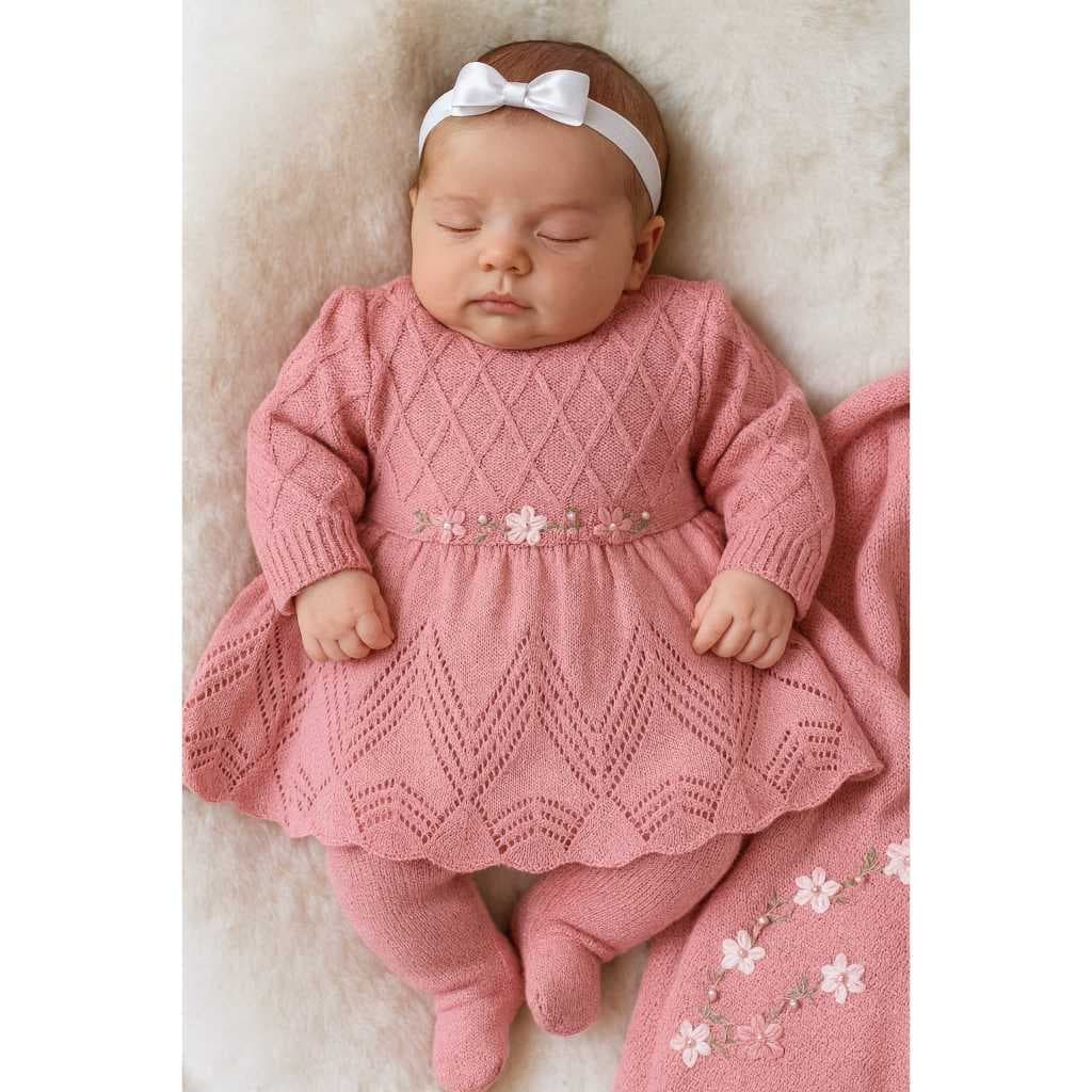 Conjunto Saida Maternidade Vestido Calça  Bebê Recém Nascido Menina Trico