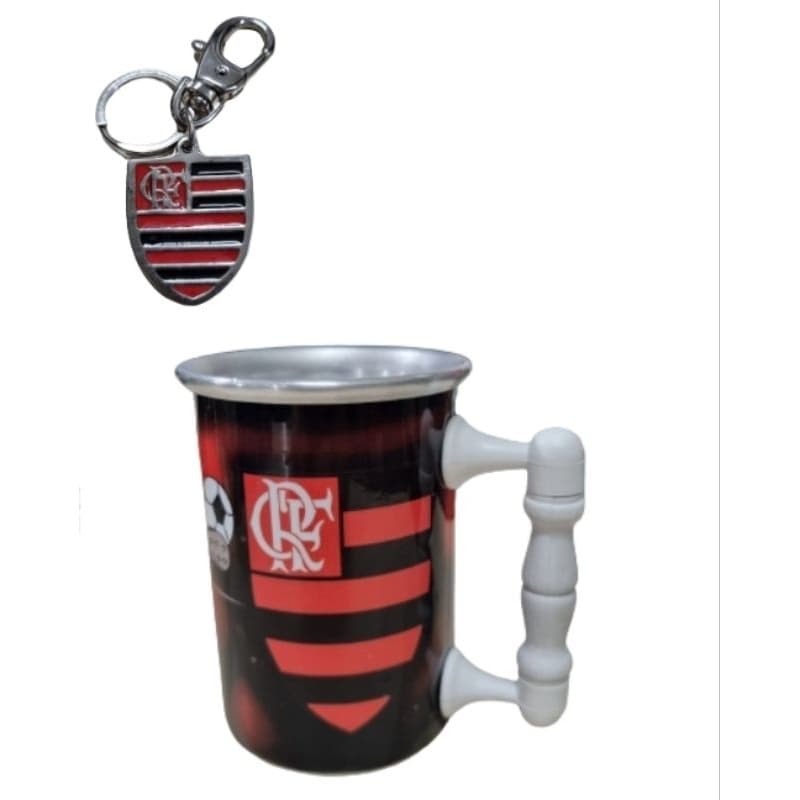 Copo Térmico de Metal Estampa Variada Time do Coração Mais Chaveiro Metal Cravado Baixo Relevo. Caneca Térmica c/ Alça