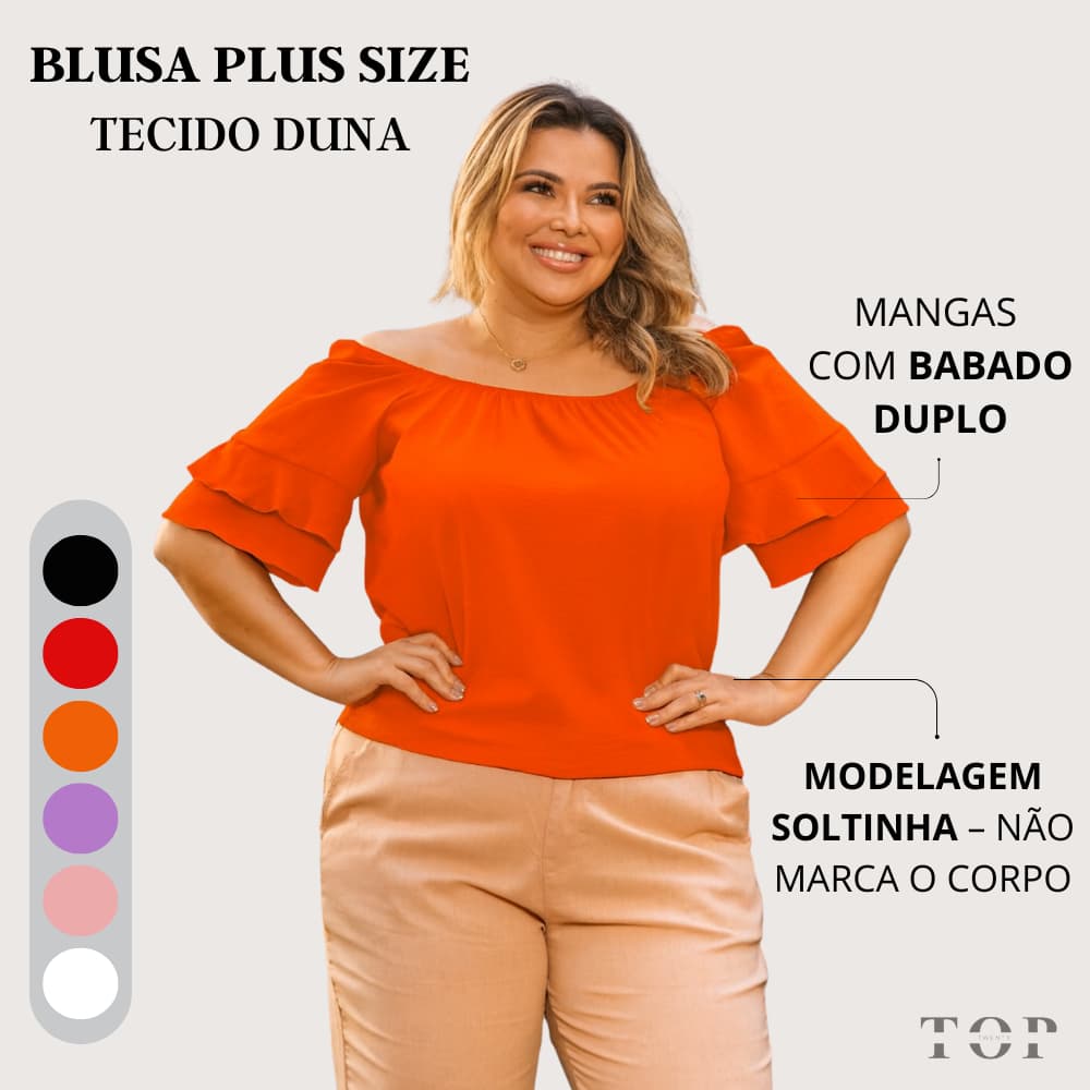 Blusa Feminina Plus Size Ombro a Ombro Com Manga Babado Duplo Tecido Duna