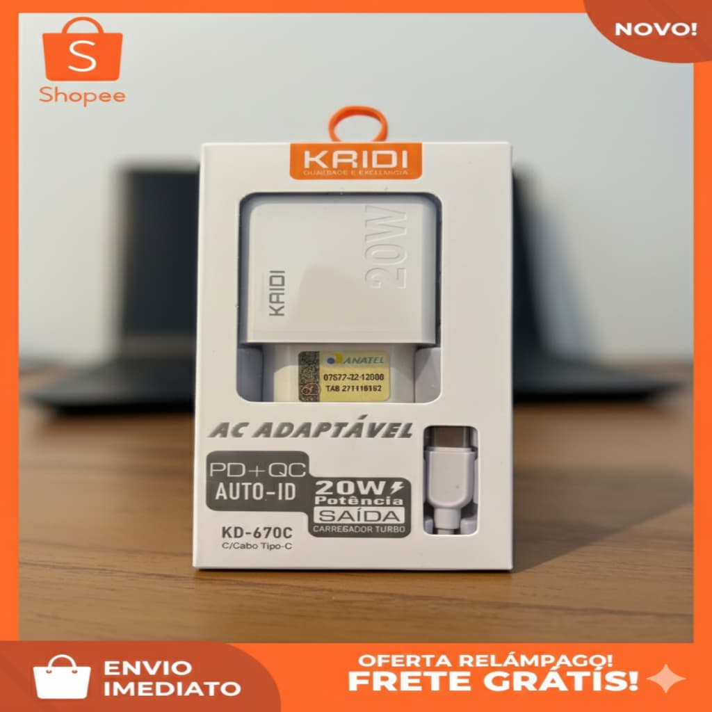 Carregador de Tomada Fonte de Carregamento Turbo 20W com entrada Tipo-C e USB KAIDI KD-670C