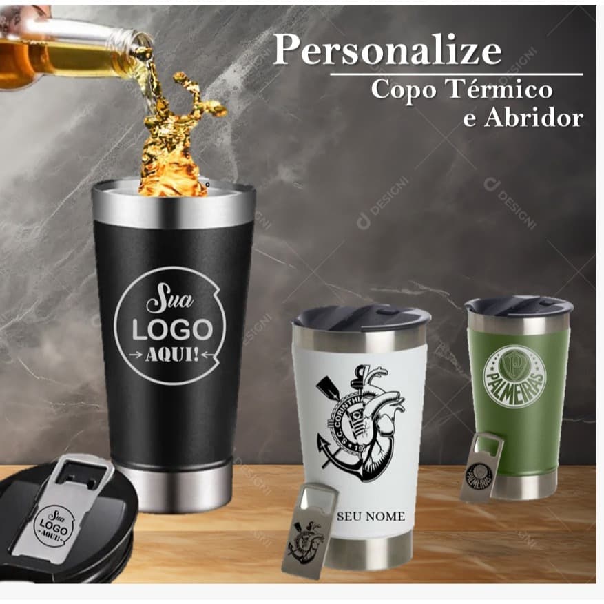 Copo Térmico  Personalizado No Abridor e Copo Time Futebol Logos Nomes Tampa Bebidas Gelado e Quente