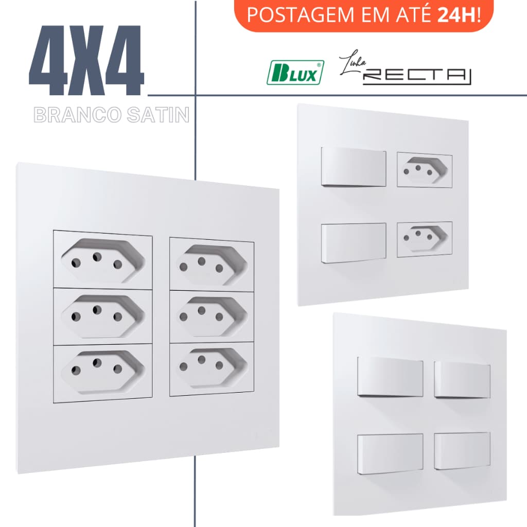 Conjunto Placa 4x4 Tomadas Interruptores Branco Recta Satin BLUX Acabamento Fosco