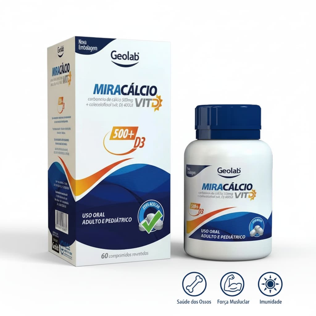 Miracálcio Geolab 500mg + Vitamina D3 400UI - Saúde Óssea e Imunidade