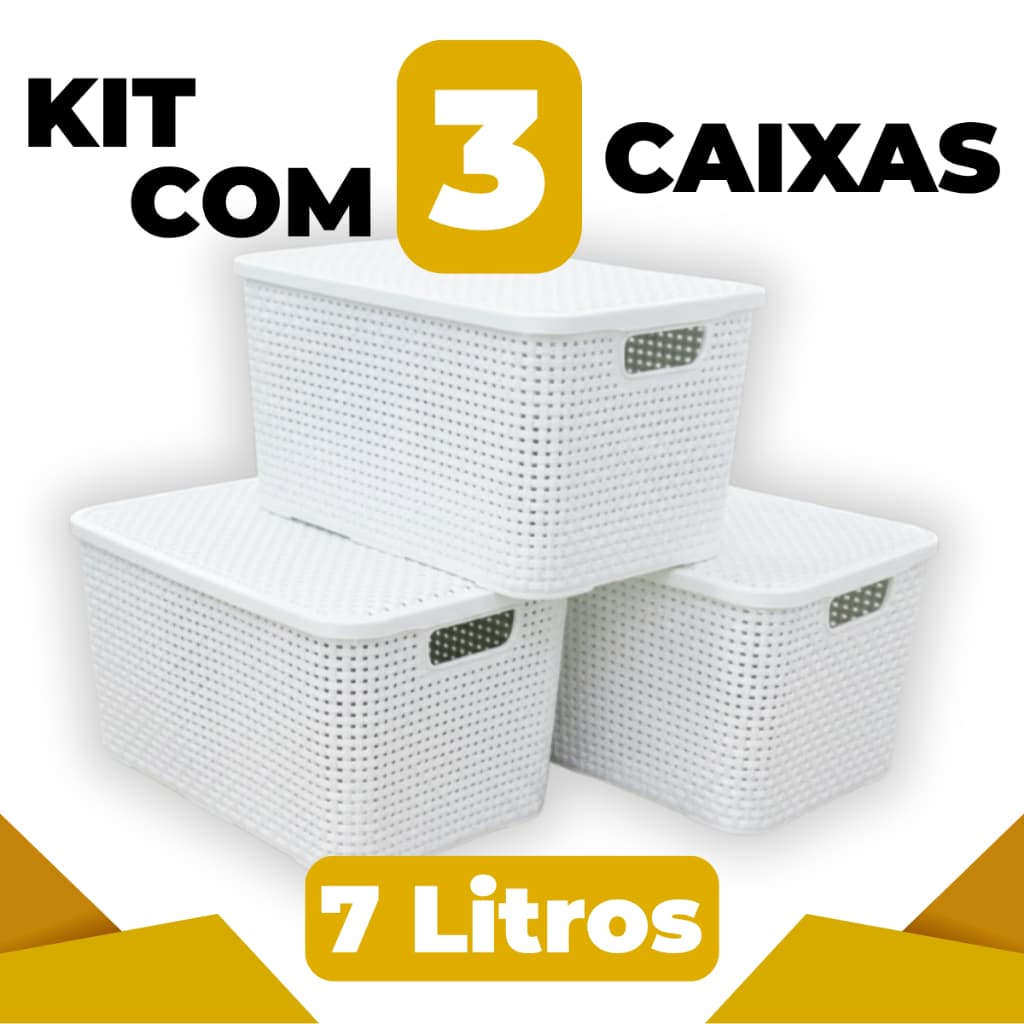 Kit 3 Caixas Organizadoras Rattan Multiuso 7L Cor Branco