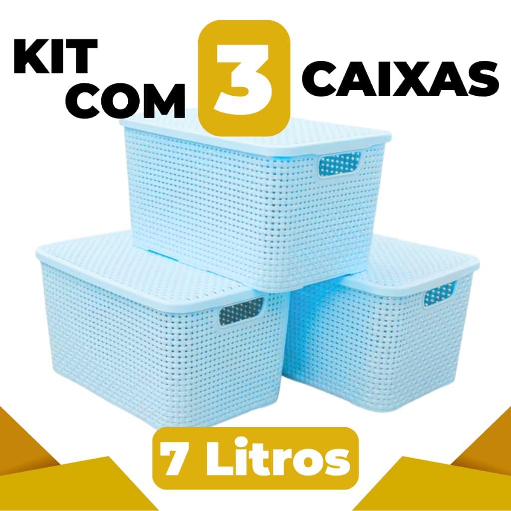 Kit 3 Caixas Organizadoras Rattan Multiuso 7L Cor Azul