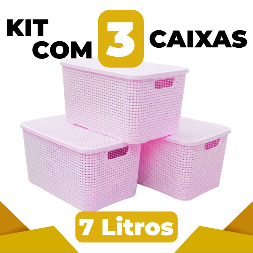 Kit 3 Caixas Organizadoras Rattan Multiuso 7L Cor Rosa