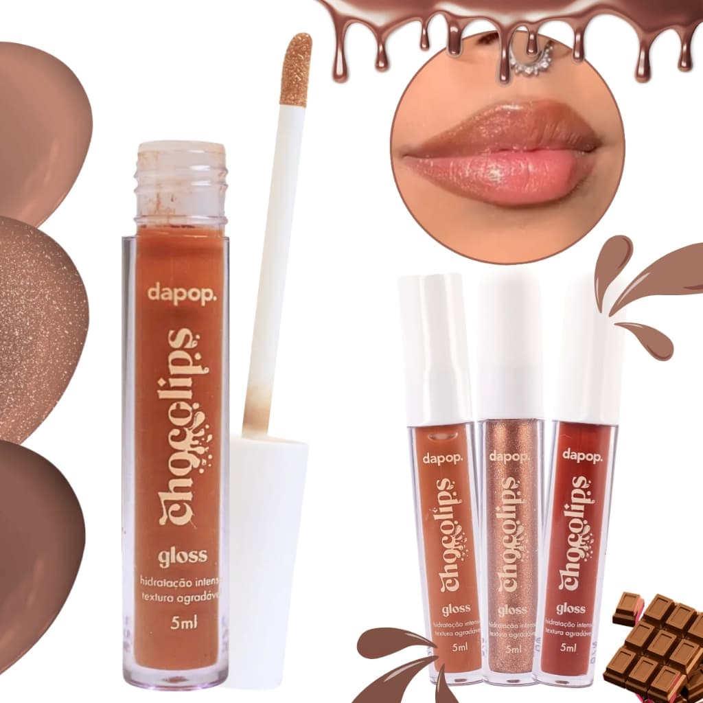 Lip Gloss Labial Marrom c/ Cheirinho de Chocolate e Textura Suave Brilho e Glitter Chocolips Dapop
