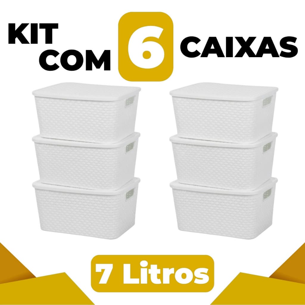 Kit 6 Caixas Organizadoras Rattan Multiuso 7L Cor Branco