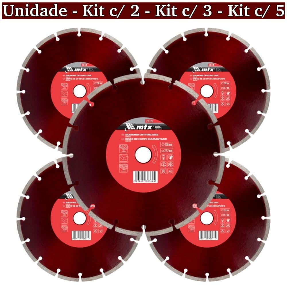 Disco de Corte Diamantado Segmentado 230mm x 22,2mm Corte Seco Granito Concreto MTX 731779