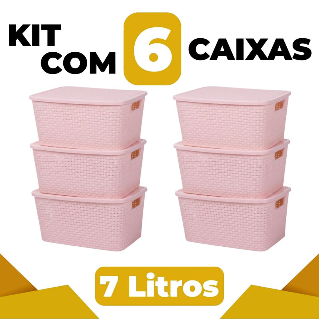 Kit 6 Caixas Organizadoras Rattan Multiuso 7L Cor Rosa