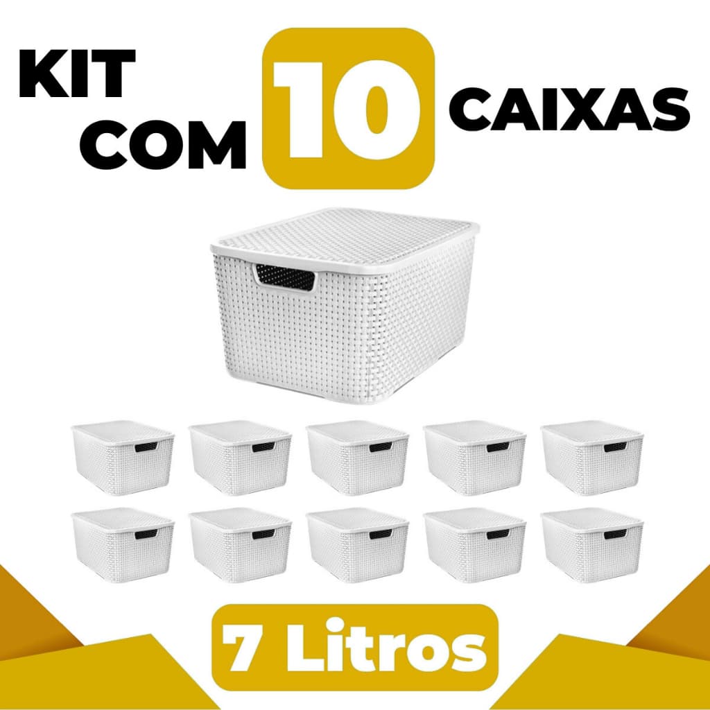 Kit 10 Caixas Organizadoras Rattan Multiuso 7L Cor Branco