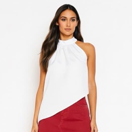 Blusa Feminina para Festas Blusinha Assimétrica Gola Choker de Bico Tendencia com Forro