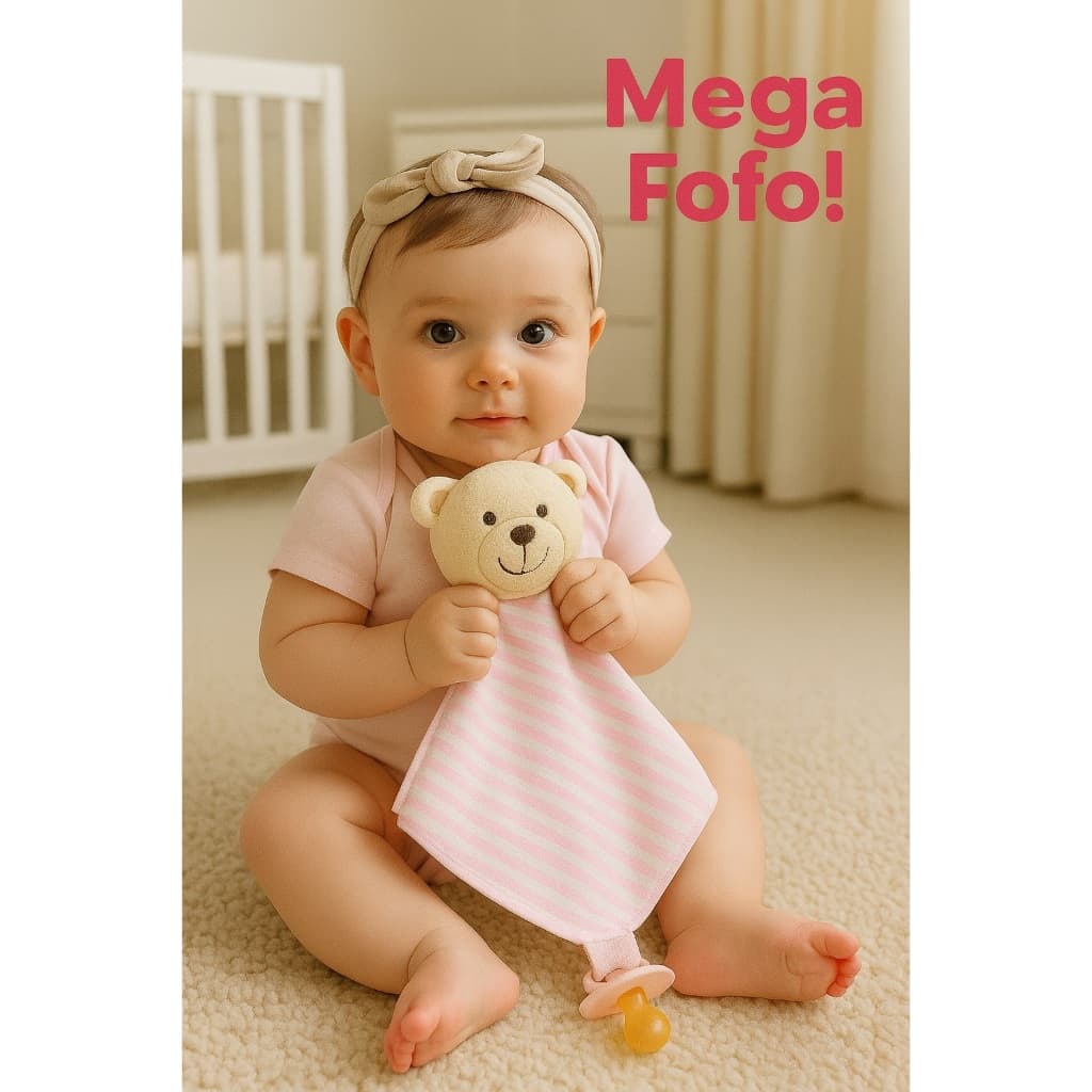 Naninha Ursa Urso de Pelúcia com Paninho de Boca e Porta-Chupeta Toque Suave Roupa de bebe