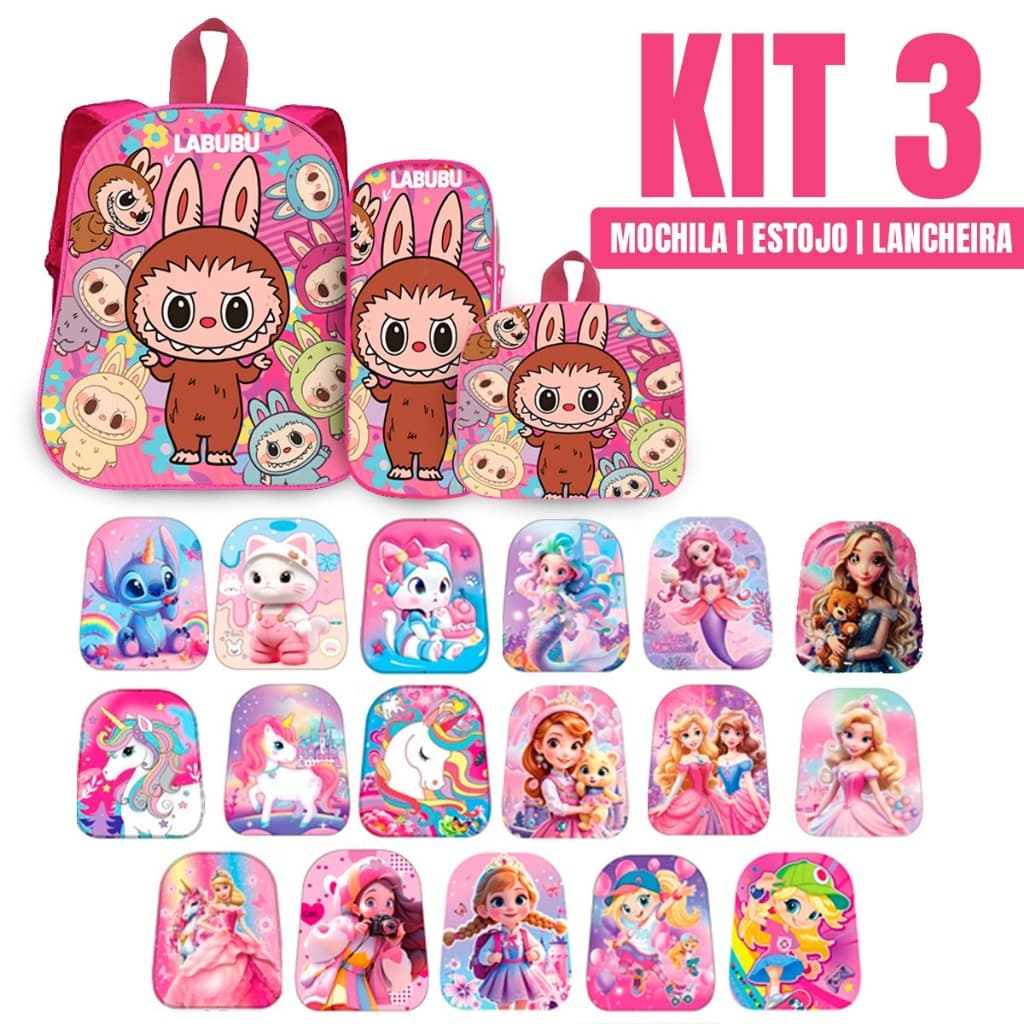 Kit 3 pçs Mochila Infantil Com Lancheira e Estojo Desenho 3D Alta qualidade