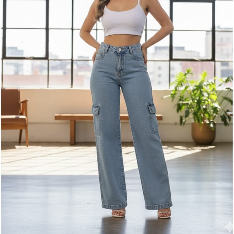 Calça Cargo jeans  feminina tem bolsos com ziper 2025 nova