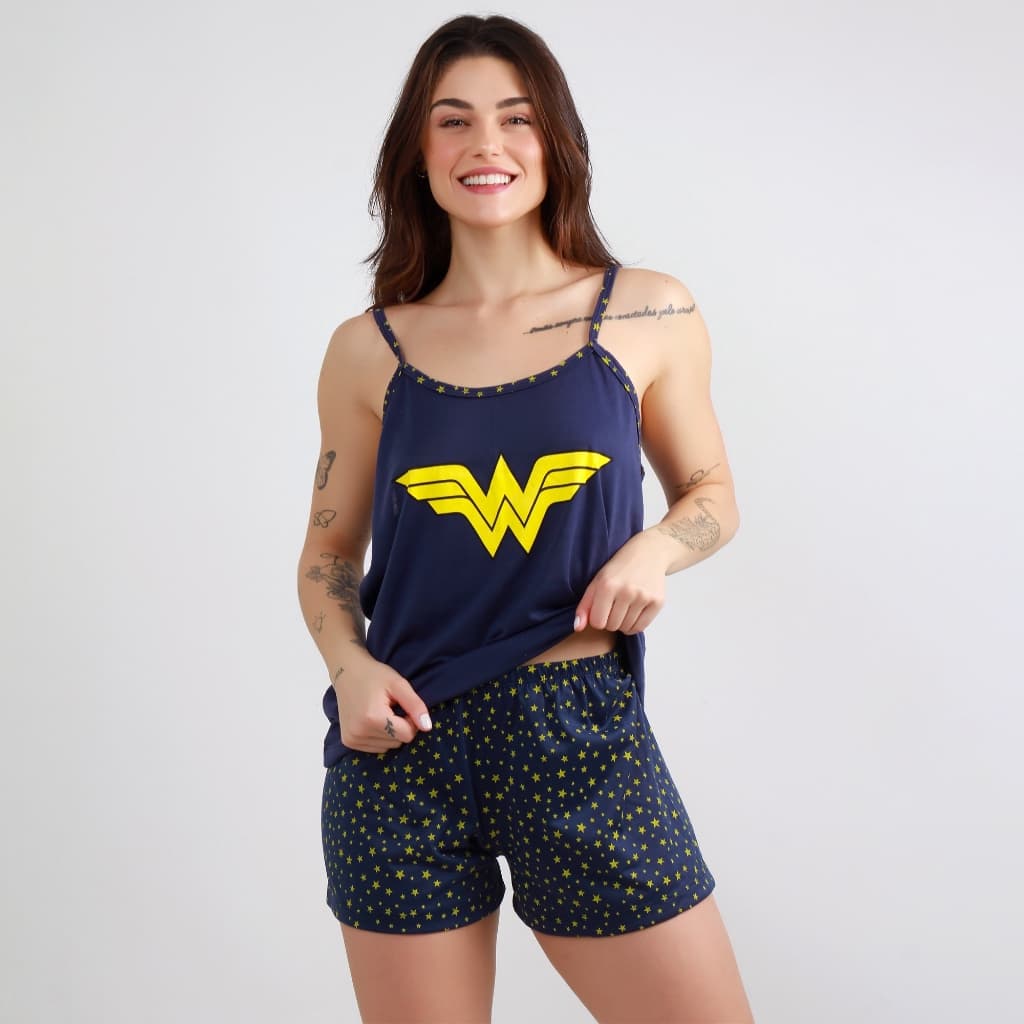 Baby Doll Verão Pijama Curto Estampado Alça Promoção Barato Oferta Mulher Maravilha Azul