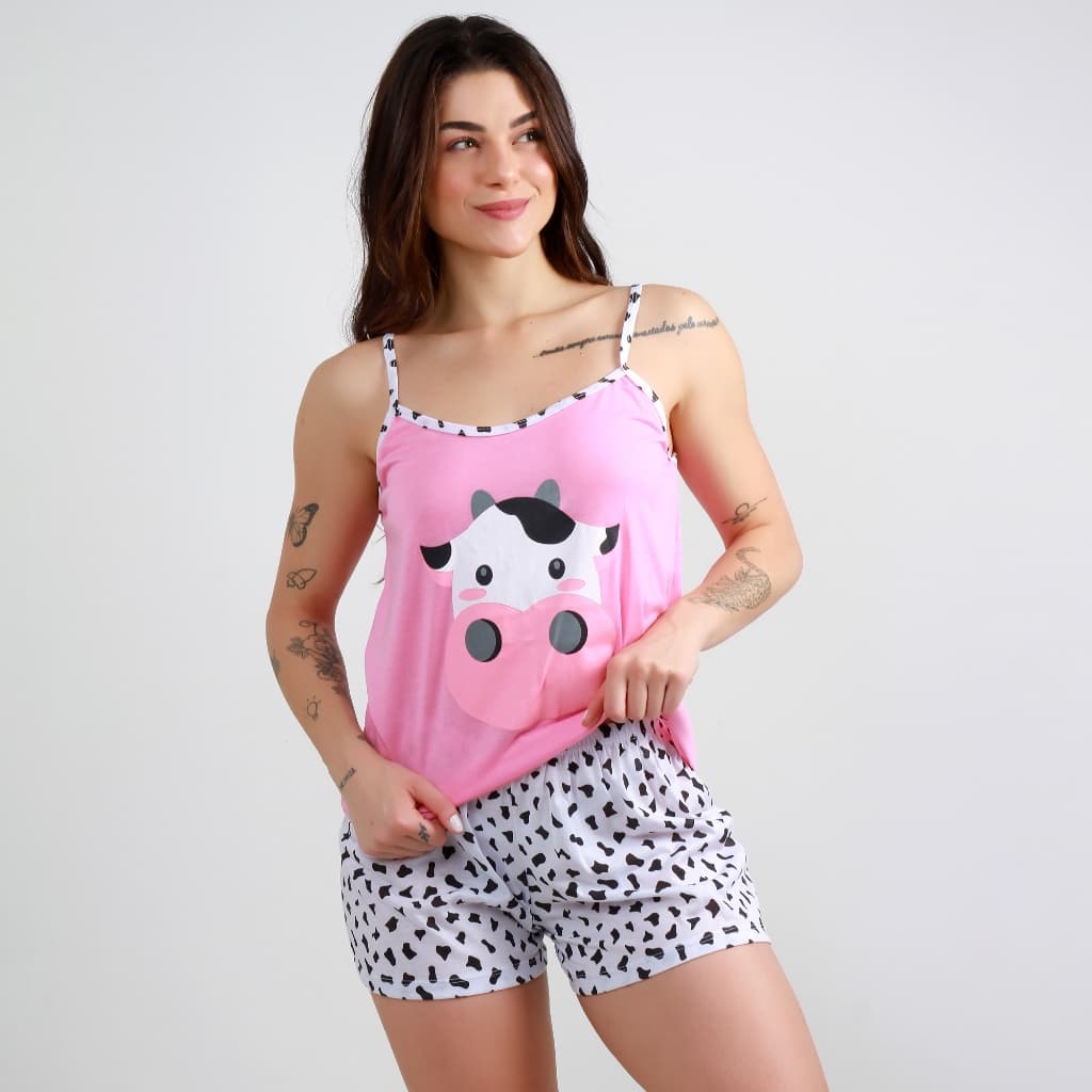 Pijama Feminino Baby Doll Vaquinha Alcinha Verão Short Doll Virginia Adulto Vaca Frequinho Promoção