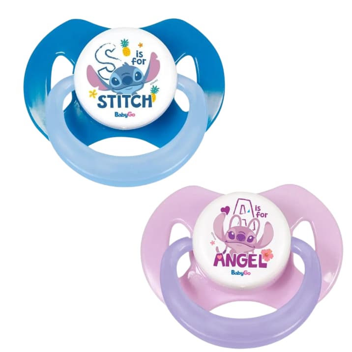 Chupeta De Personagem Stitch e Angel Bico Orto Silicone Macio TM 1(0-6m) e TM2(6m+) Menino e Menina