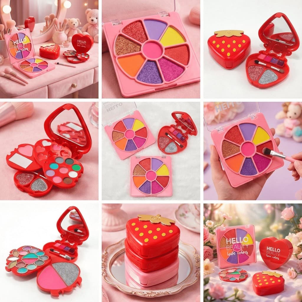 Kit Maquiagem Infantil Lavável e Segura – 3 Formatos Morango, Coração, Quadrado Presente Menina