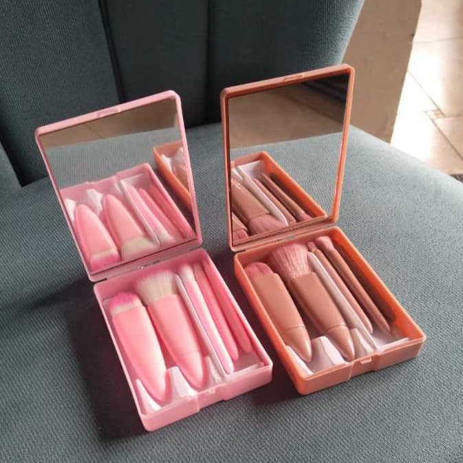 Kit pincel de maquiagem com espelho - Mini conjunto 5 pincéis