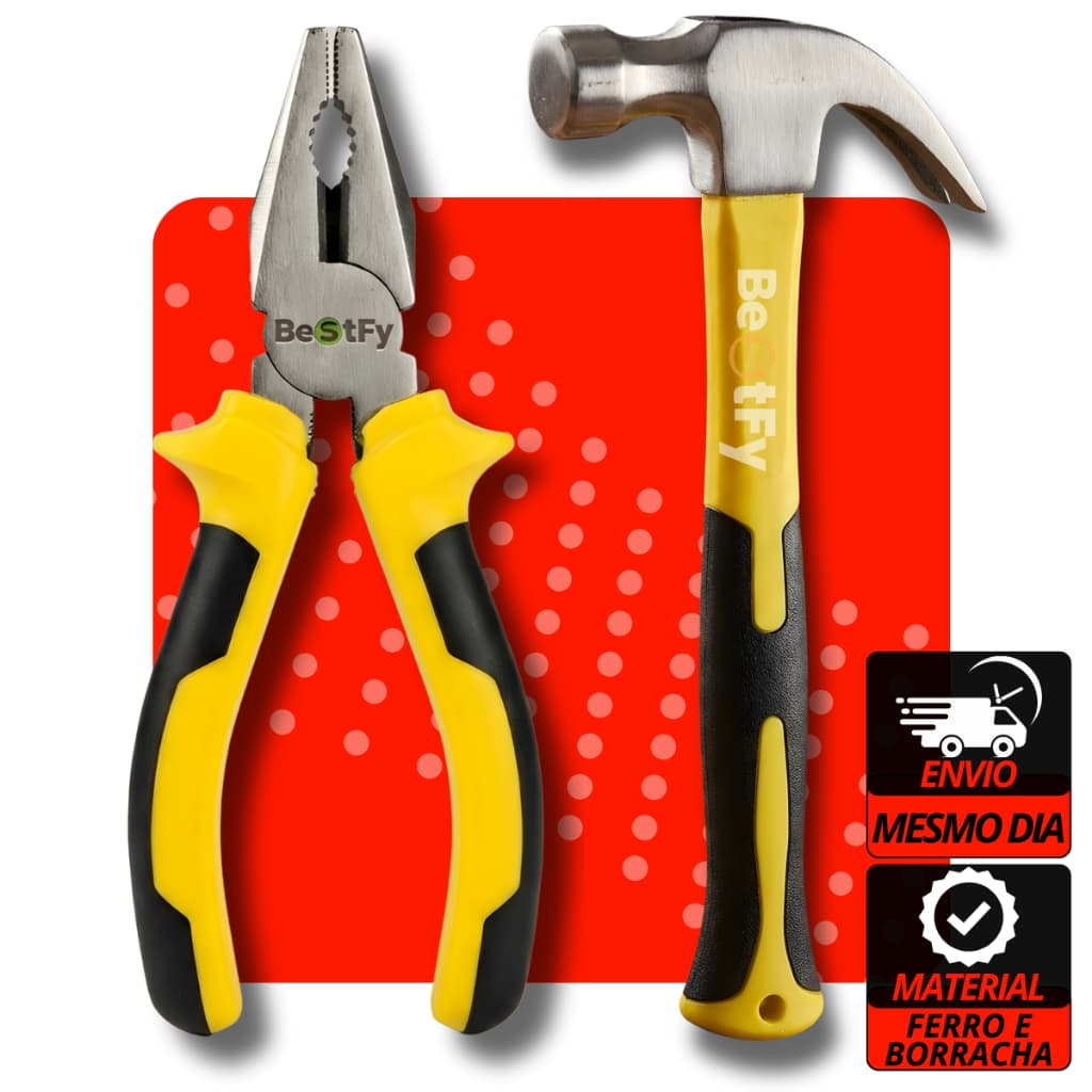 Kit Alicate Profissional 7" Resistente Cabo Emborrachado + Martelo Grande 25mm Ferramenta Uso Geral