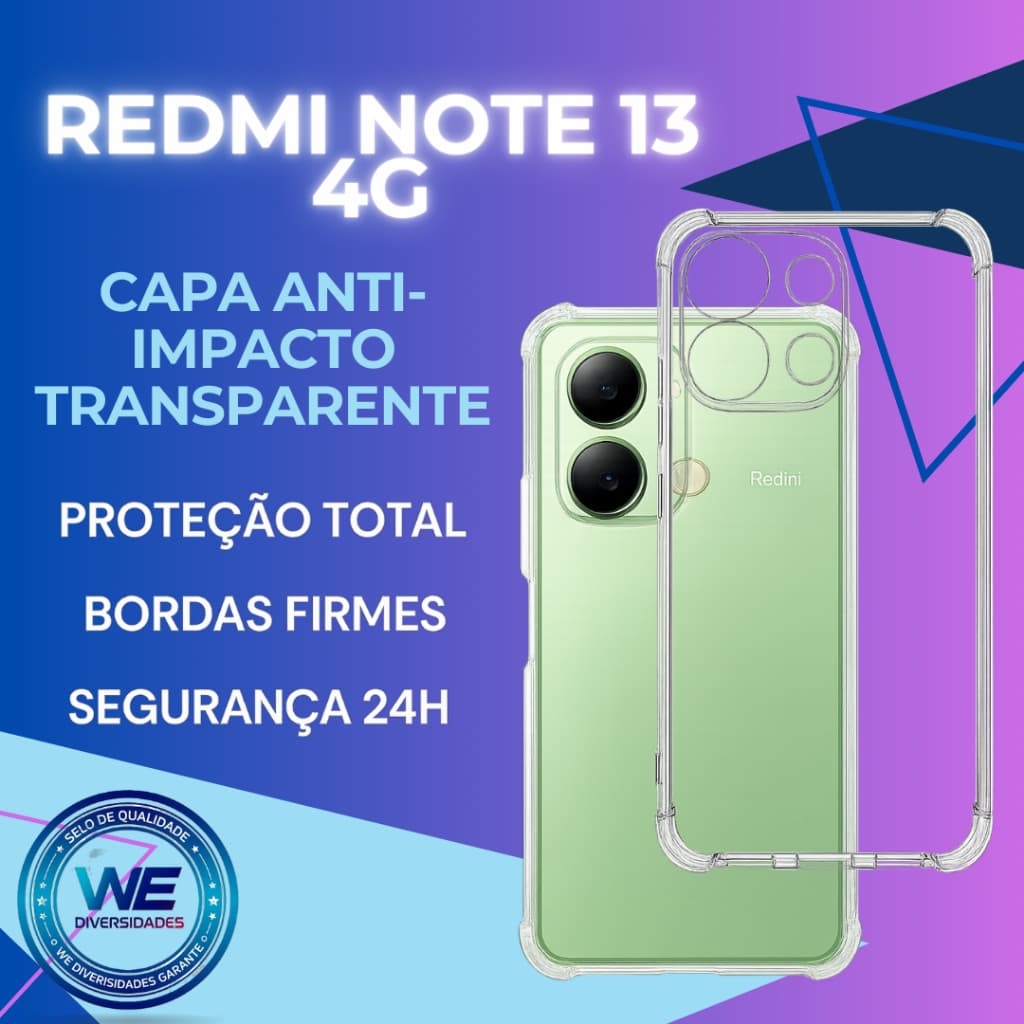 Redmi Note 13 4G Capinha Transparente Anti Queda Borda Reforçada