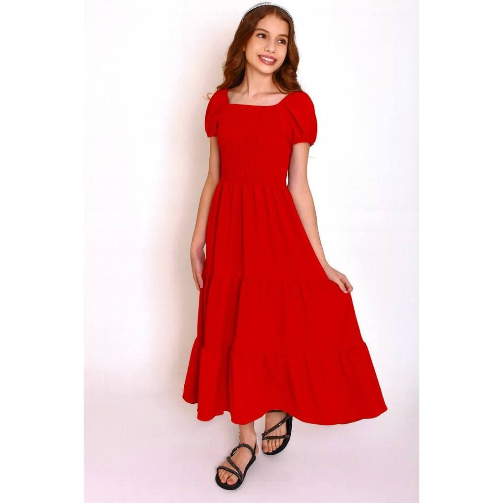 Vestido Camponesa Infantil e Juvenil para Meninas Tecido Duna com Mangas Bufantes  Saia Longa Moda 2025 Tamanho10 ao 16