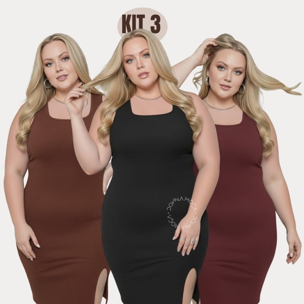 Kit 3 Vestido Midi Canelado Verão Regata Plus Size G1-agatha