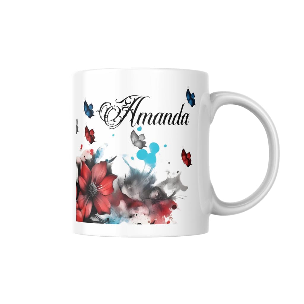 Caneca Floral Personalizada Xicara Vermelha Borboletas Porcelana