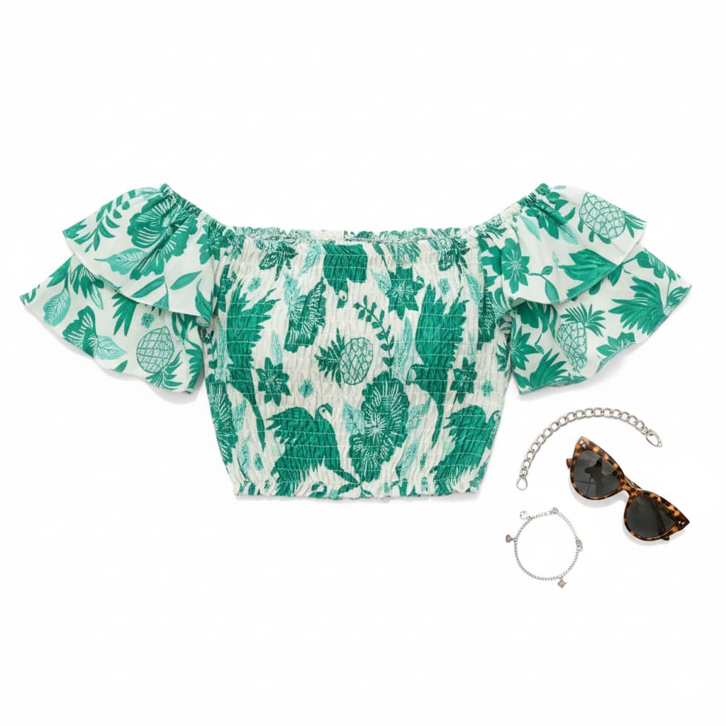 Blusa Feminina Cropped Maria Ciganinha Manga Longa com Camadas e Babados em Poliéster Tamanho 36-41