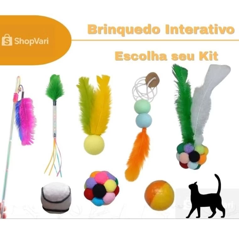 Kit Brinquedo para Gato Interativo • 2, 3 ou 4 Unidades • Varinha / Bolinha / Bolinha Pompom  / Elástico. Envio Imediato