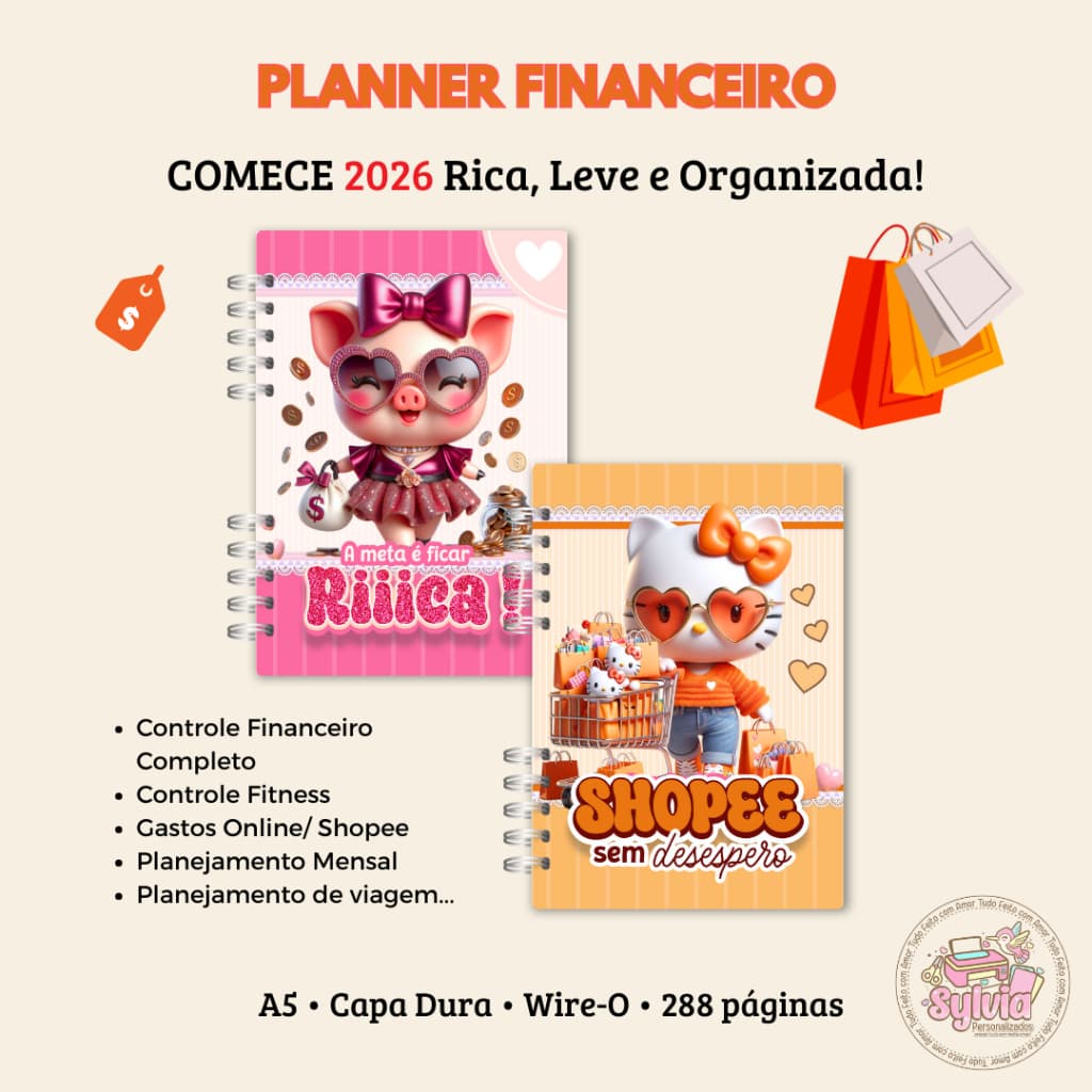 Planner Financeiro 2026 A5 | Capa Dura | Planejamento Mensal, Gastos Shopee, Fitness, Viagens