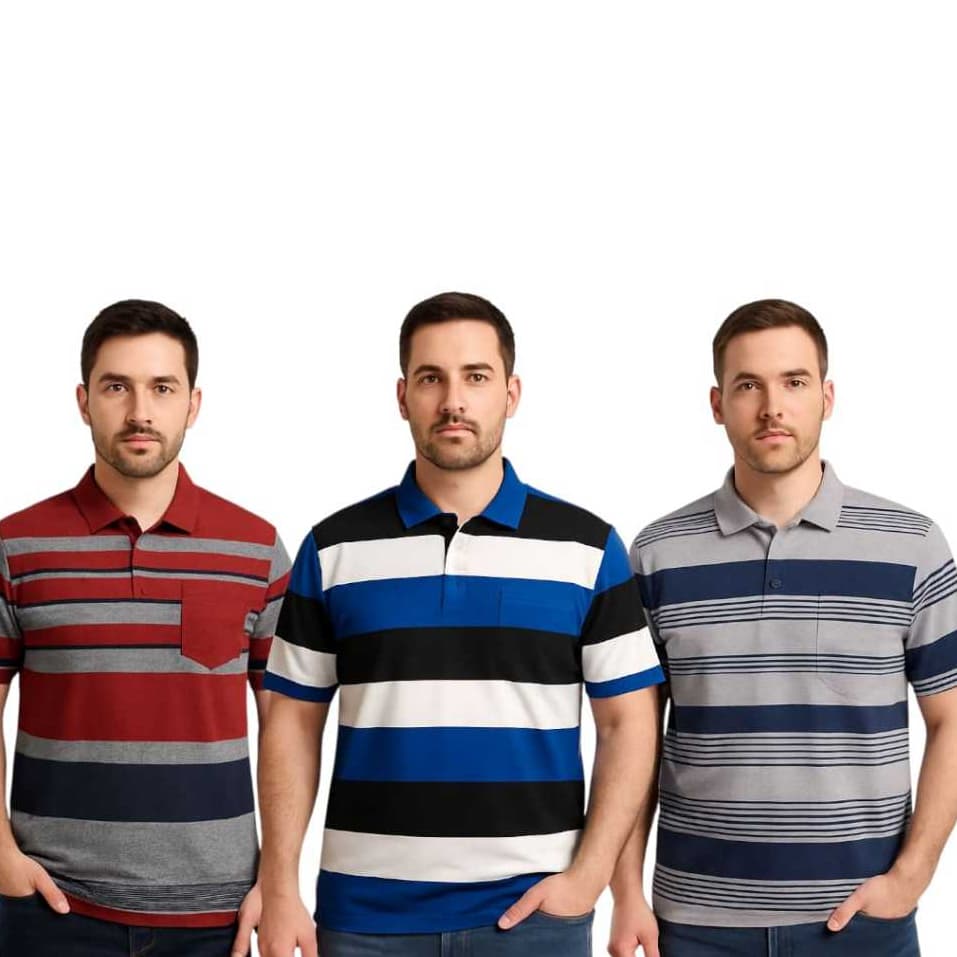 Kit 3 Camisa  Masculina  Gola Polo ( Com Bolso e Sem Bolso )  Listrada Algod茫o Ver茫o Moda Casual