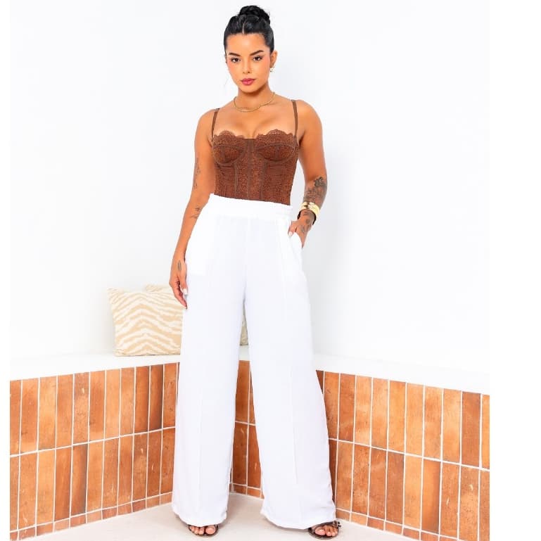 Calça  Feminina Pantalona Premium Branco Wide Leg Duna  Tendência Casual Conforto Moderna Estilosa